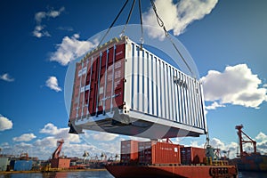 Nautical logistics Crane loads cargo container onto a shipping vessel
