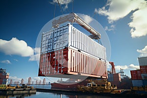 Nautical logistics Crane loads cargo container onto a shipping vessel