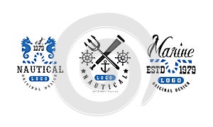Nautical Logo Origiinal Design Templates Set, Marine Retro Labels, Badges Vector Illustration