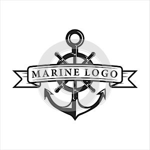 nautical logo vintage vector template icon illustration design. anchor and ship steering wheel emblem retro for marine and navy