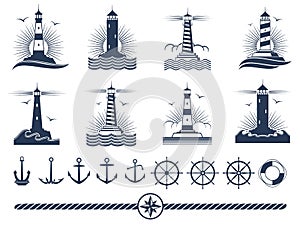 Nautical logos and elements set - anchors lighthouses rope