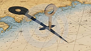 A nautical map with coordinates, coastlines, and navigation r