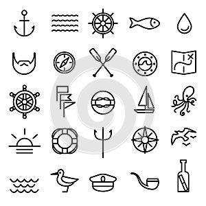 Nautical, marine line icons set