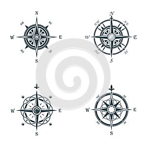 Nautical or marine old navigation compass. Sea or ocean vintage or retro wind rose for direction or longitude or photo