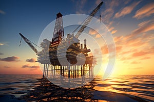 Nautical marvel offshore oil rig in sunset, symbolizing global power