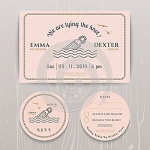 Nautical message in the bottle wedding invitation and RSVP card template set