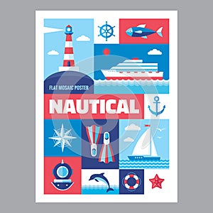 Nautical - mosaic poster with icons in flat design style. Vector icons set.