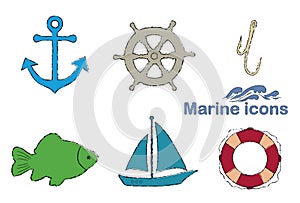 Nautical motive, chalk drawing color icons, isolated on white background