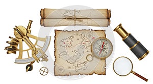 Nautical navigation tools and old maps isolated on white background