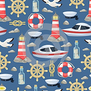 Nautical navy boats, anchor, wheel marine and ocean theme seamless pattern background for baby showers, birthdays, invitations vec