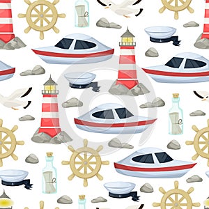 Nautical navy boats, anchor, wheel marine and ocean theme seamless pattern background for baby showers, birthdays, invitations vec