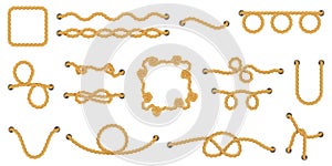 Nautical navy rope. Marine yacht decorative cordage knots, nautical knots, sea boat cord divider and marine ropes vector