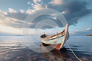 Nautical nostalgia, Old wooden boat amidst azure sea, under cloudy skies