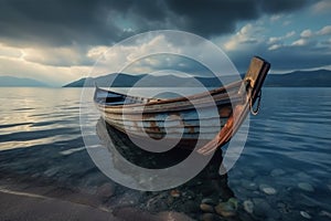 Nautical nostalgia, Old wooden boat amidst azure sea, under cloudy skies