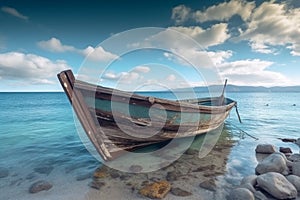 Nautical nostalgia, Old wooden boat amidst azure sea, under cloudy skies