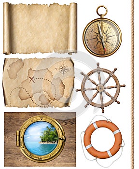 Nautical objects rope, maps, compass, steering wheel and porthole 3d illustration