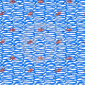 Nautical pattern with doode waves and fishes