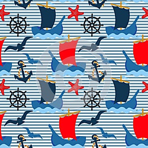 Nautical pattern, ships, anchors, lifebuoys and seagulls on a striped background. Summer seamless pattern, background, textile