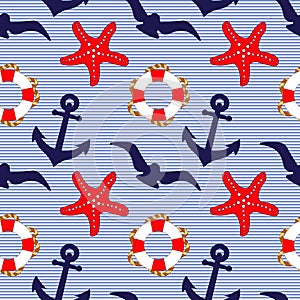 Nautical pattern, starfish, anchors, seagulls and lifebuoys on a striped background. Summer seamless pattern, background, print