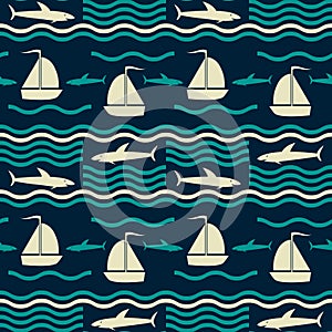 Nautical pattern with waves, sharks and sailboats