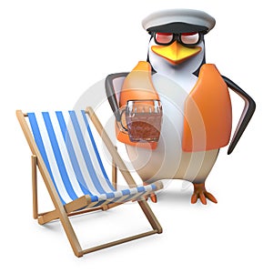 Nautical penguin sailor in lifejacket and sailors cap drinks a pint of beer near deckchair, 3d illustration photo