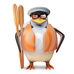 Nautical penguin sailor in sailor hat and lifejacket holds a pair of oars, 3d illustration