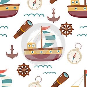 Nautical Pirated Kids Seamless Pattern with Sailboat