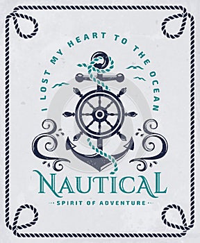 Nautical poster with anchor, steering wheel and rope frame. photo