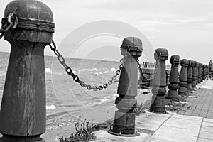 Nautical railings, sea and railings, black & white photography