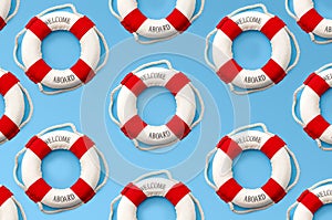 Nautical rescue, lifesaver help and SOS concept with red and white life ring repeating to create a seamless pattern isolated on