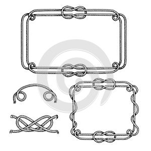 Nautical rope frames and elements set. Hand drawn sketch style illustrations collection.
