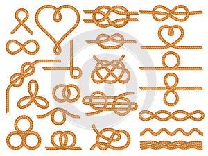 Nautical rope knots. Nautical knot ornaments, yacht style dividers and marine ropes frame boarder vector decoration set