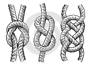 Nautical rope knots set. Marine concept sketch. Vintage vector illustration in engraving style