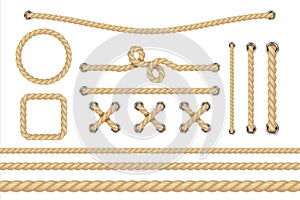 Nautical rope. Round and square rope frames, cord borders. Sailing vector decoration elements