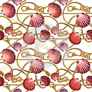 Nautical rope seamless tied fishnet background. marine knots and cordage pattern. seashells watercolor illustration. gold chains.