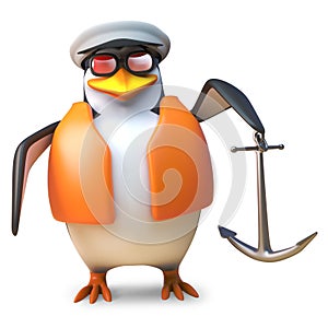 Nautical sailor penguin in life jacket and sailors cap holding an anchor, 3d illustration