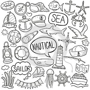 Nautical Sea Sport Traditional Doodle Icons Sketch Hand Made Design Vector