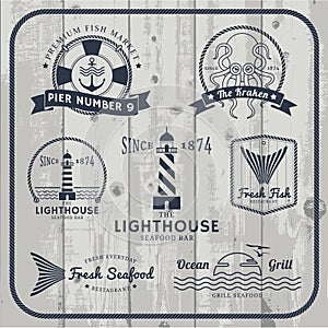 Nautical and seafood labels set photo