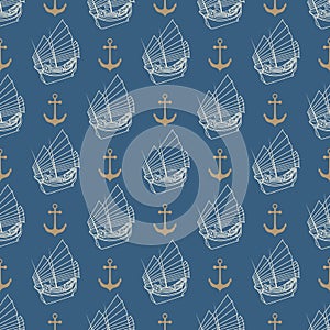 Nautical seamless pattern with anchor and sail boat on a navy blue background