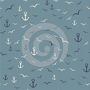 Nautical seamless pattern with anchor and seagulls.