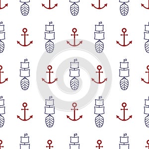 Nautical seamless pattern with anchor and ship