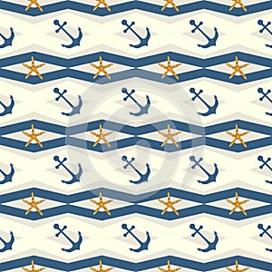 Nautical seamless pattern with anchor and starfish on a zigzag, chevron geometric background graphic design.  Pattern in swatch