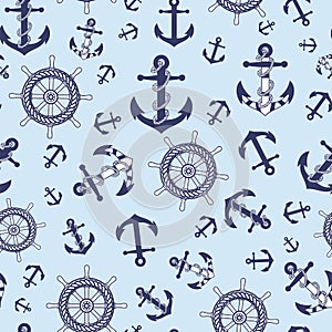 Nautical seamless pattern, Anchors, Boat steering wheel on blue background