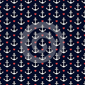 Nautical seamless pattern with anchors and hearts.