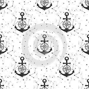 Nautical seamless pattern with anchors, stars and constellations on white
