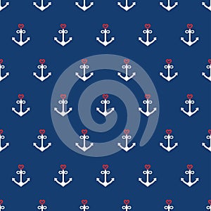Nautical seamless pattern background with anchors and hearts