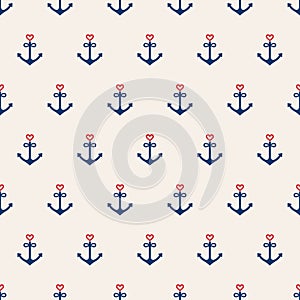 Nautical seamless pattern background with anchors and hearts