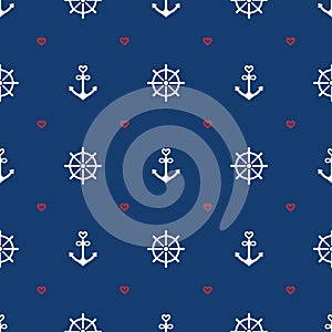 Nautical seamless pattern background with anchors, wheels and hearts