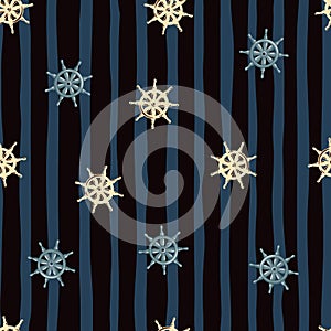 Nautical seamless pattern with beige and blue random ship helm print. Dark black and blue striped background