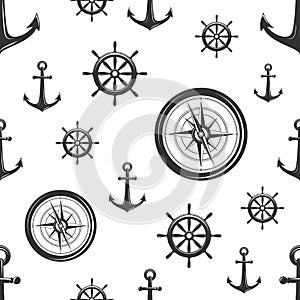 Nautical seamless pattern with black helms, anchors and compass on white